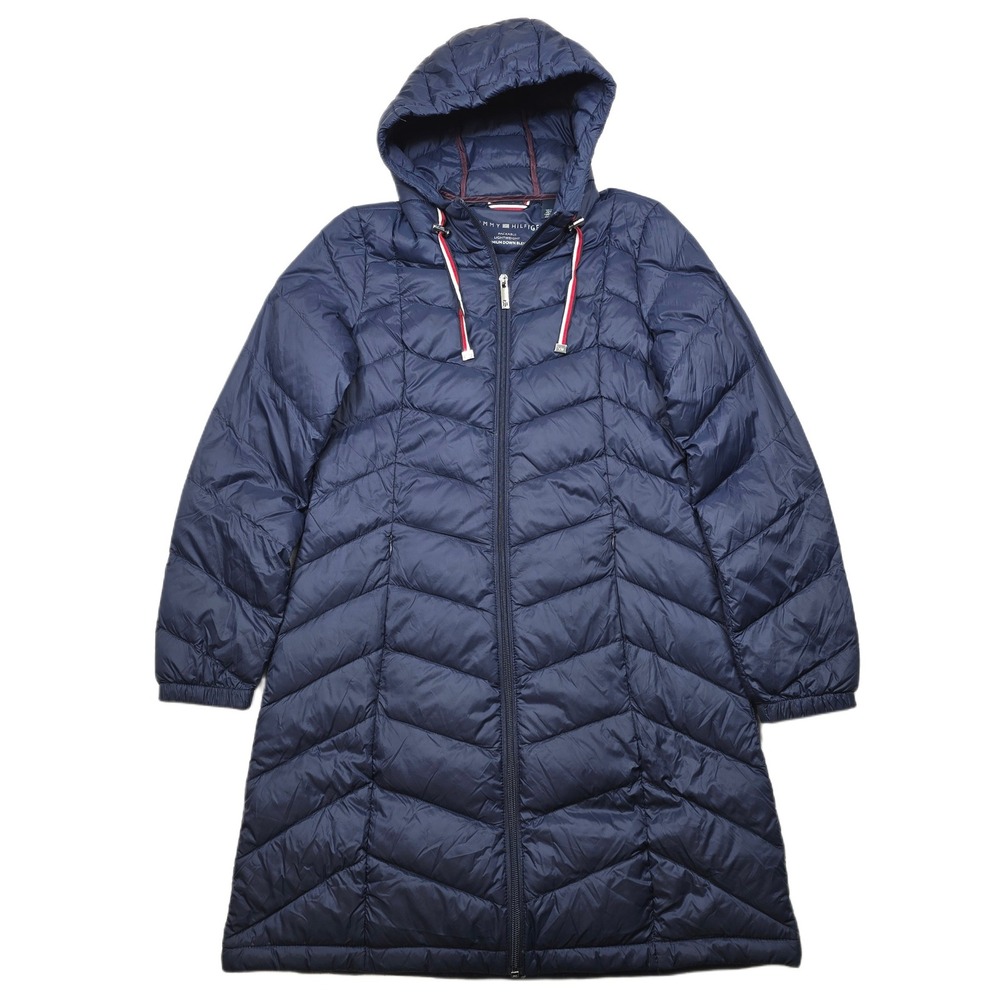 Tommy Hilfiger Premium Down Puffer Coat Womens XS Navy Packable‎ Hood Long